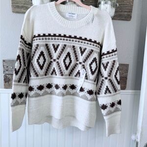 Old Navy Women's Geometric Cream and Brown Sweater